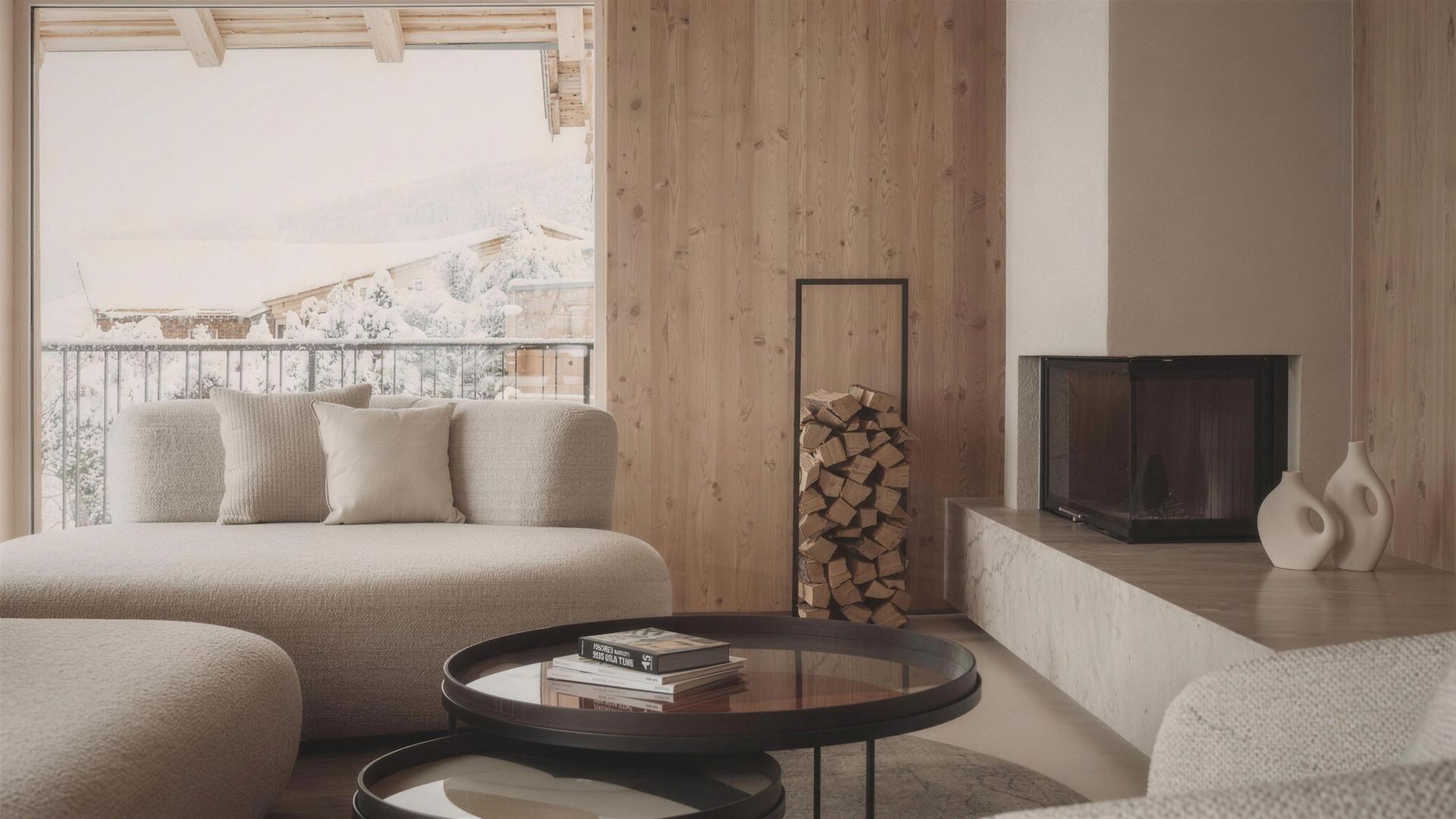 Der Ansitz H: der Wohnraum mit Kamin, Holz und weichem Licht